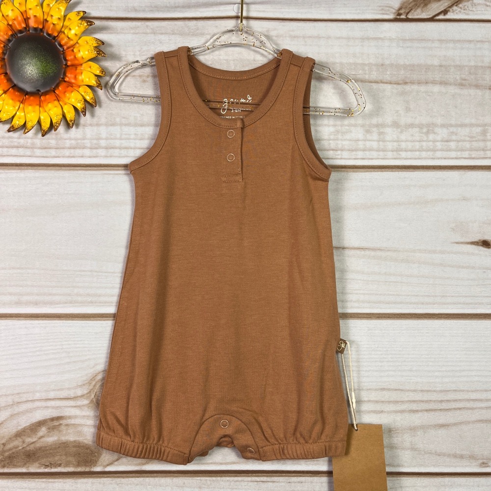Goumi‎ Kids Organic Bamboo Cotton Henley Bubble Romper Ginger Brown 3-6M NWT